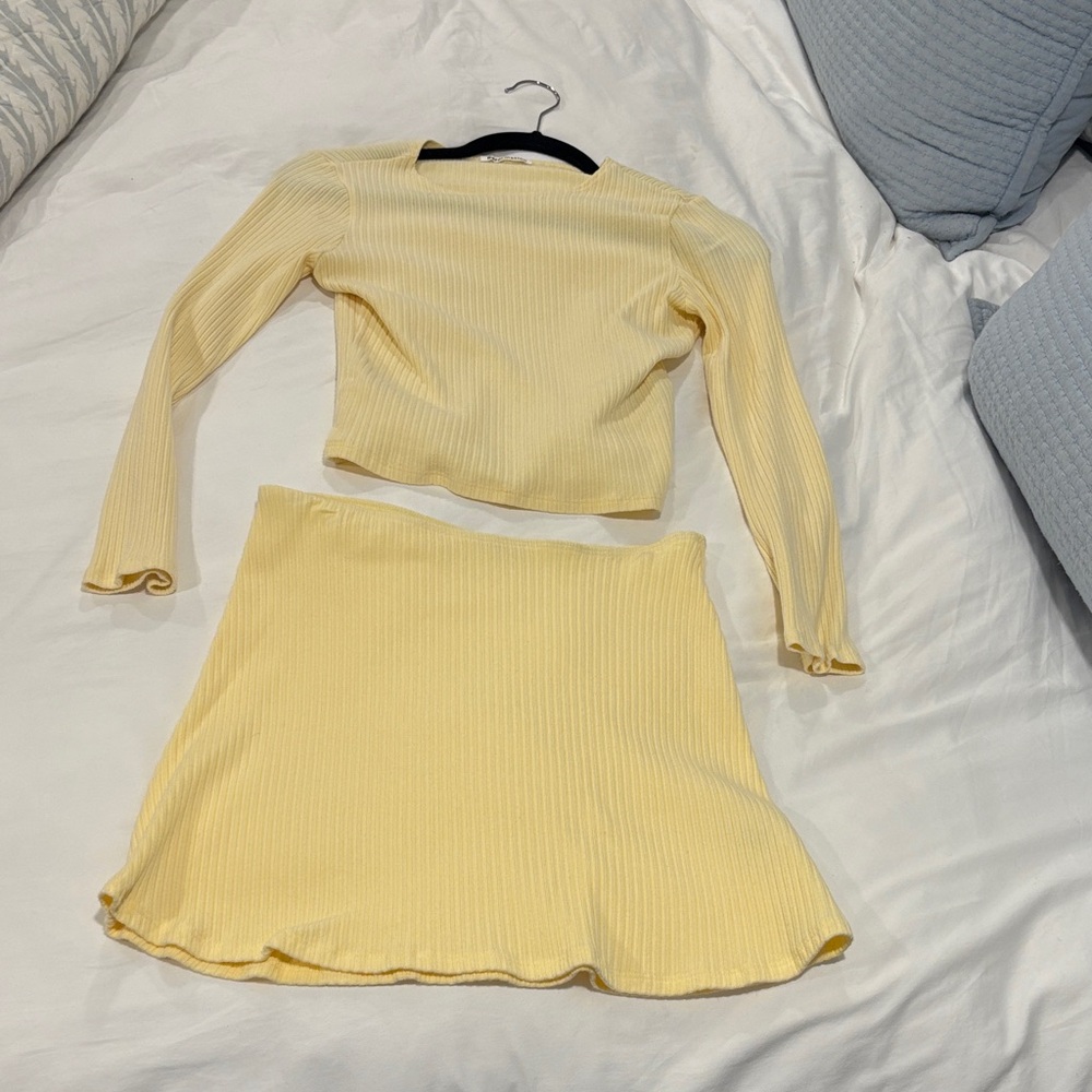 Reformation Light Yellow Ribbed Mini Skirt Set